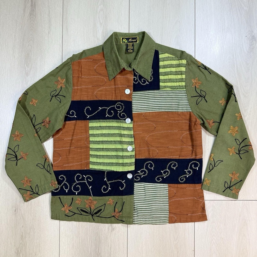 Y2K Boho Patchwork Embroidered Shirt Jacket Mirasol Women‎ M Linen Blend Top